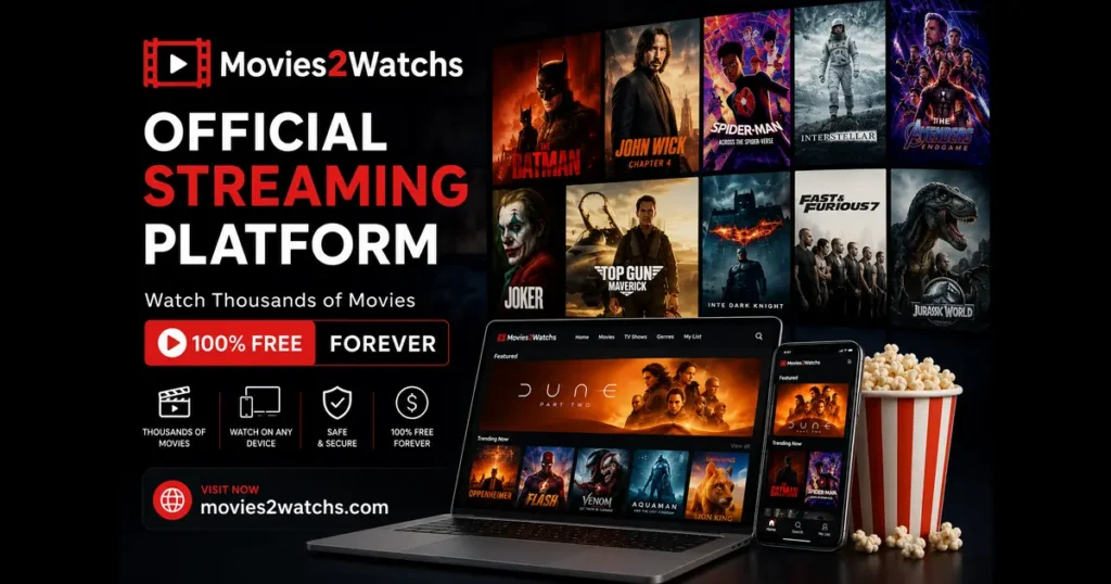 Movies2Watchs official free movie streaming platform featured image showing cinematic movie posters, laptop and mobile streaming interface, HD entertainment banner, and online watch movies branding.